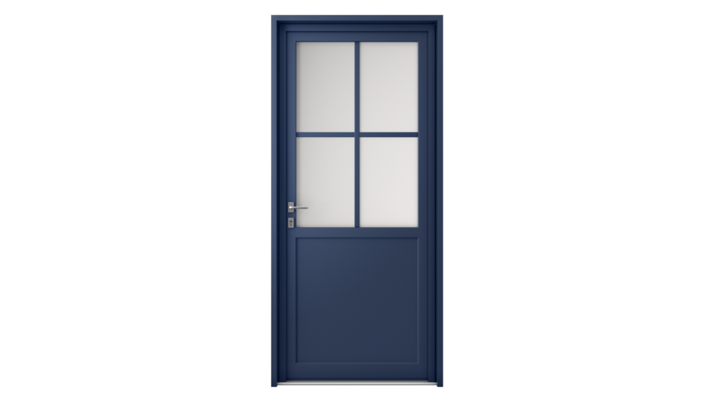Porte d'entrée parclosé gamme lumière CAPRERA Porte d'entrée bleu marine avec moitié du vitrage en partie haute divisée en 4